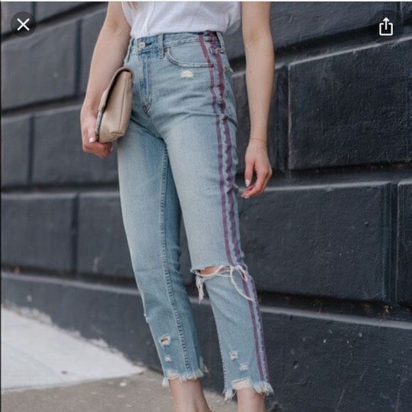 Abercrombie & Fitch Annie High Rise Girlfriend Jeans With Red Stripe Size 28 / 6 - Picture 1 of 16